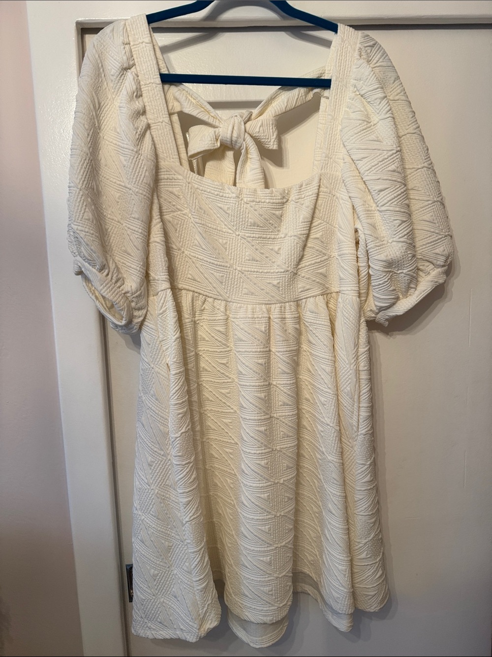 Free People Cream Textured Puff Sleeve Dress with Square Neck and Bow Back